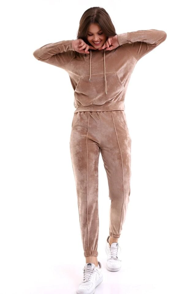 Kadın Yumoş Kadife Eşofman Takımı 6091 S - BEJ