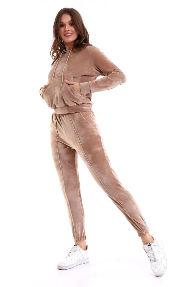 Kadın Yumoş Kadife Eşofman Takımı 6091 S - BEJ