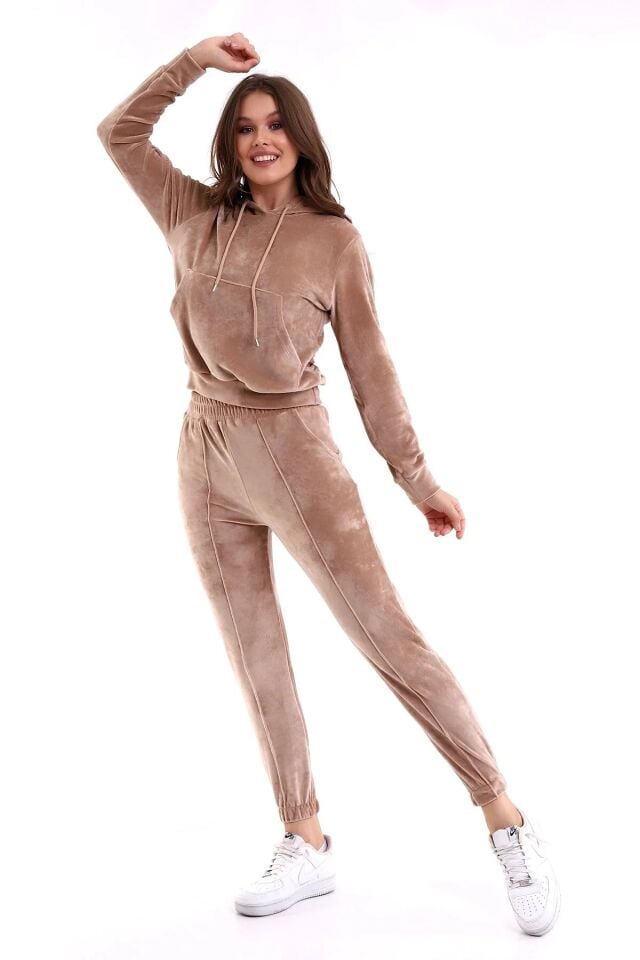 Kadın Yumoş Kadife Eşofman Takımı 6091 S - BEJ