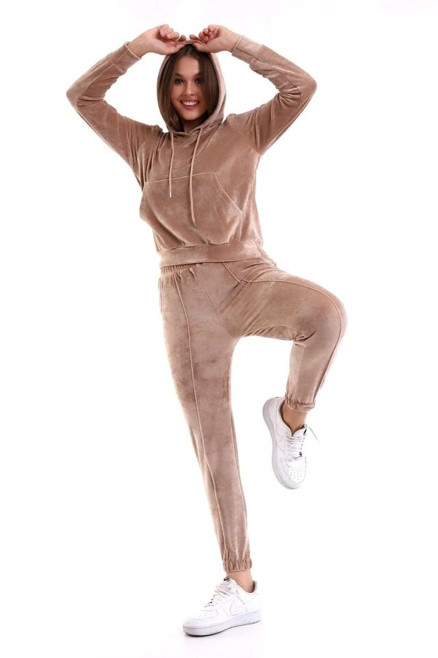 Kadın Yumoş Kadife Eşofman Takımı 6091 S - BEJ