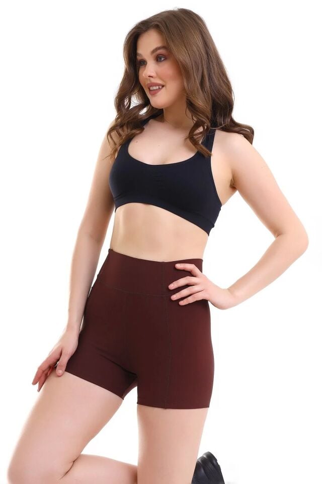 Kadın Sıkıştırıcılı Cepli Korse Kumaş Taytlı Şort S - KAHVERENGİ