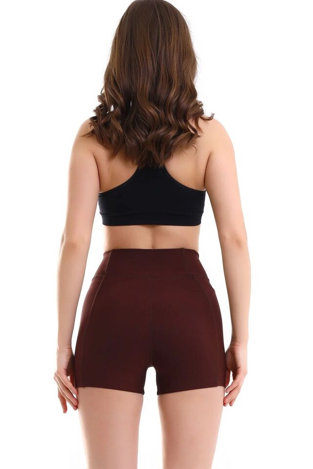 Kadın Sıkıştırıcılı Cepli Korse Kumaş Taytlı Şort M - KAHVERENGİ