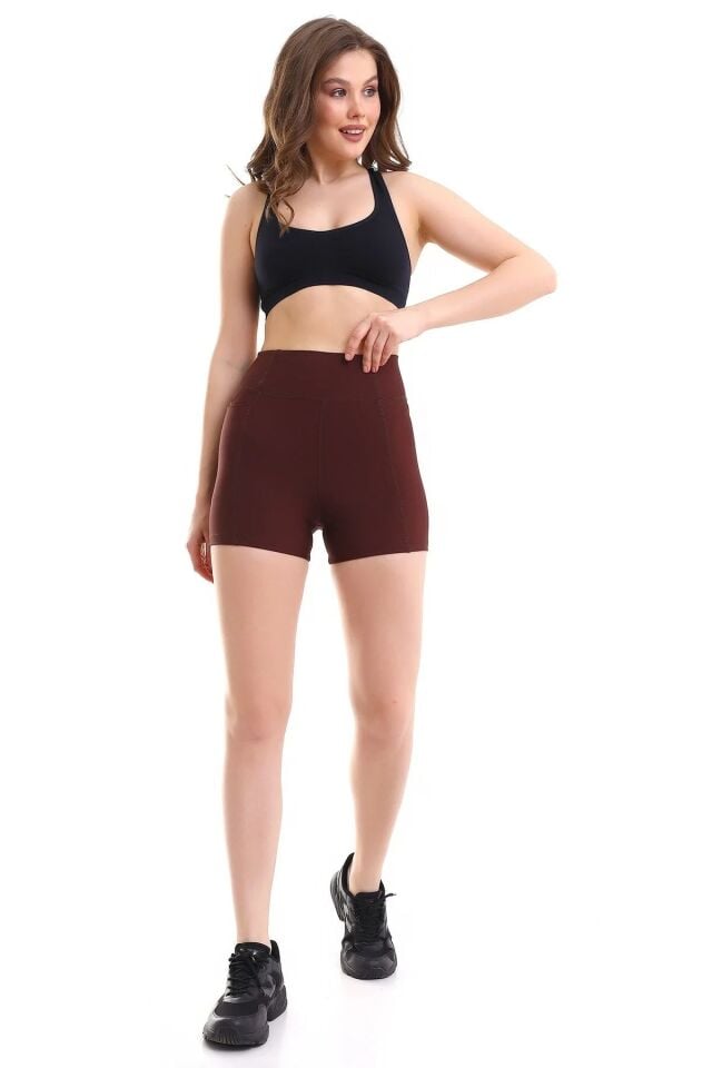 Kadın Sıkıştırıcılı Cepli Korse Kumaş Taytlı Şort L - KAHVERENGİ