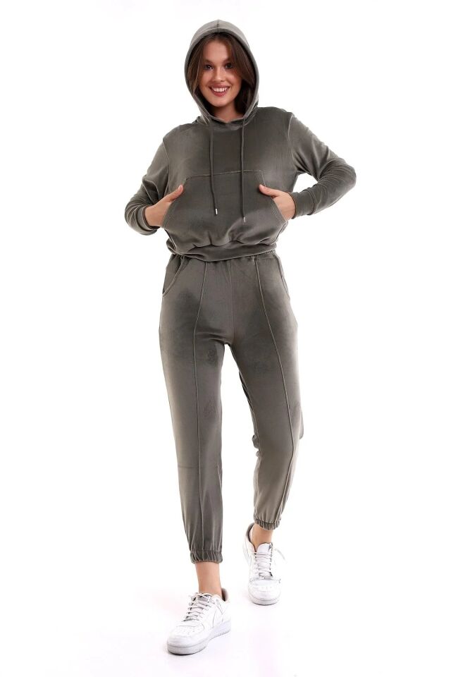 Kadın Yumoş Kadife Eşofman Takımı 6091 M - HAKİ