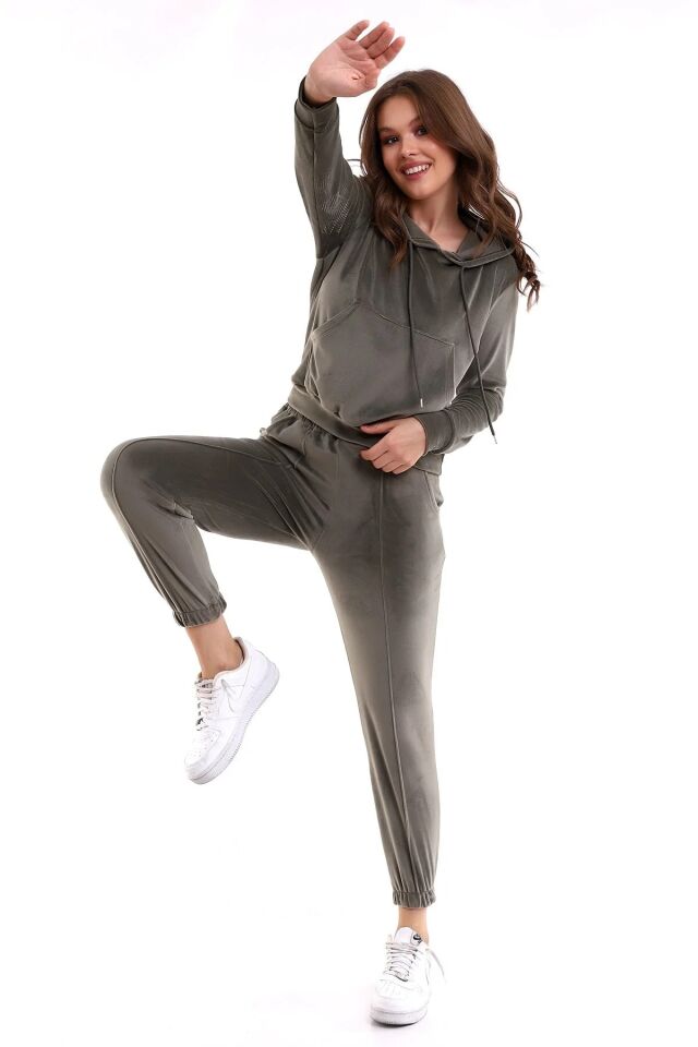 Kadın Yumoş Kadife Eşofman Takımı 6091 M - HAKİ