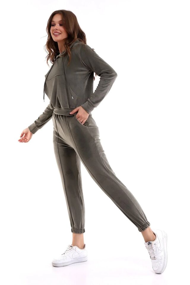 Kadın Yumoş Kadife Eşofman Takımı 6091 M - HAKİ