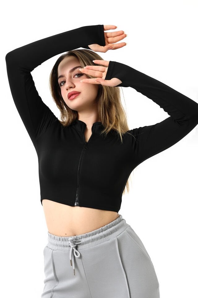 Kadın Kısa Fermuarlı Uzun Kol Parmak Geçmeli Ceket