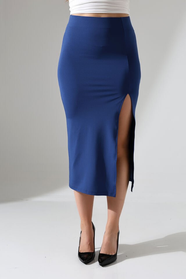 Kadın Önden Yırmaçlı Midi Boy Likralı Etek L - MAVİ