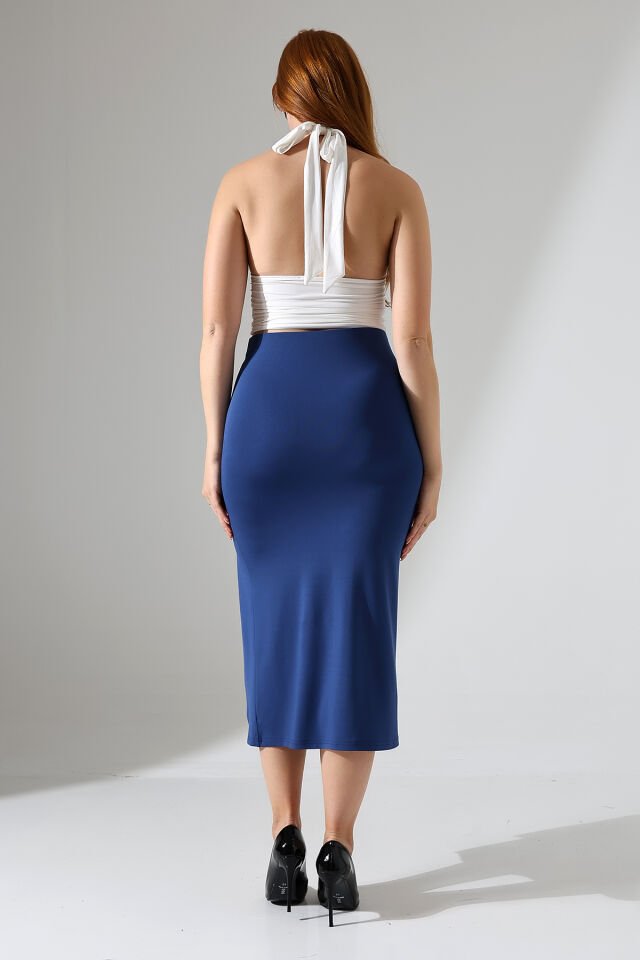 Kadın Önden Yırmaçlı Midi Boy Likralı Etek L - MAVİ