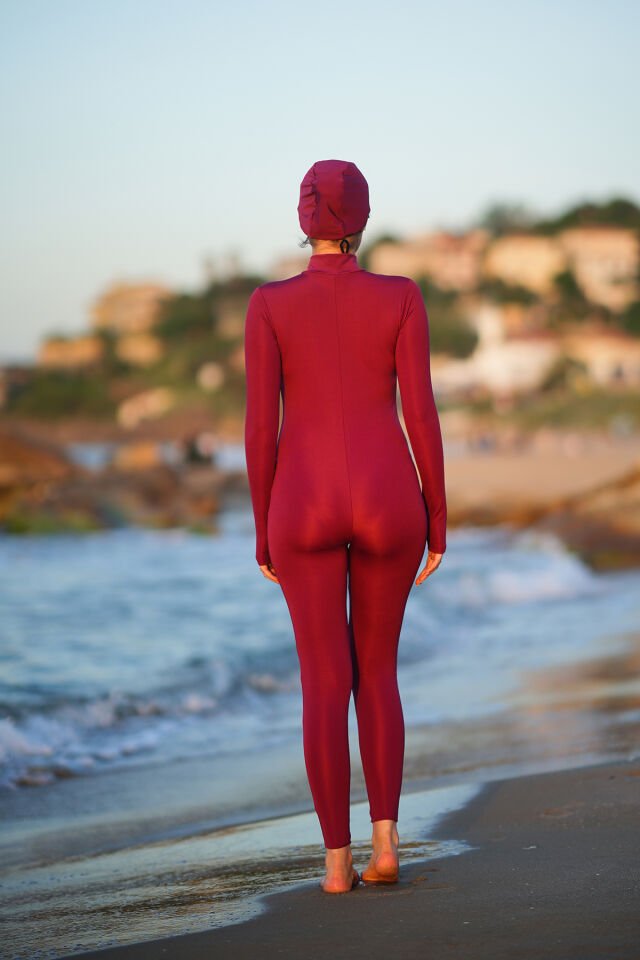 Boneli Uzun Mayo Tulum / Bonnet Hıjab Long Swımsuıt Overalls M - BORDO