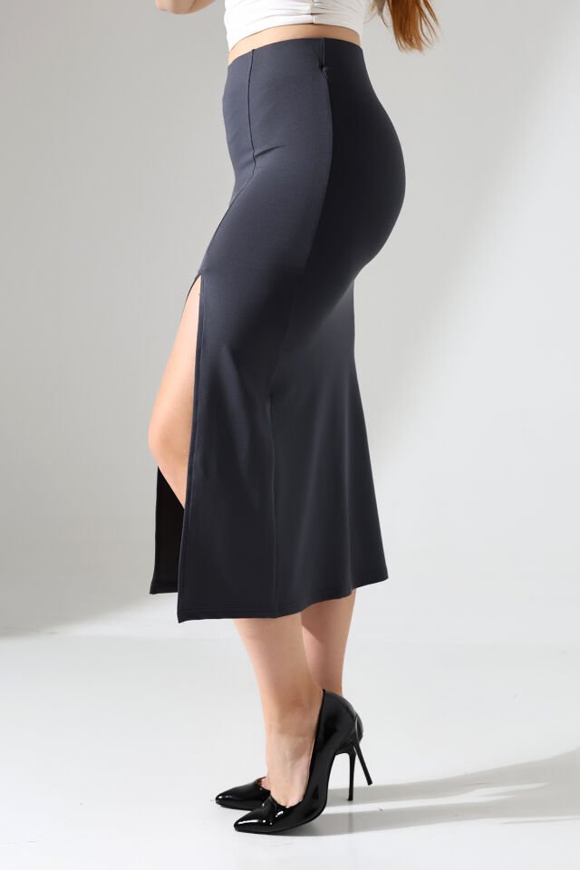 Kadın Önden Yırmaçlı Midi Boy Likralı Etek L - ANTRESİT GRİ