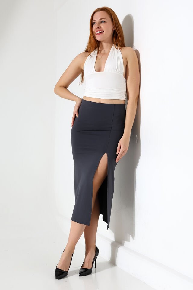 Kadın Önden Yırmaçlı Midi Boy Likralı Etek L - ANTRESİT GRİ