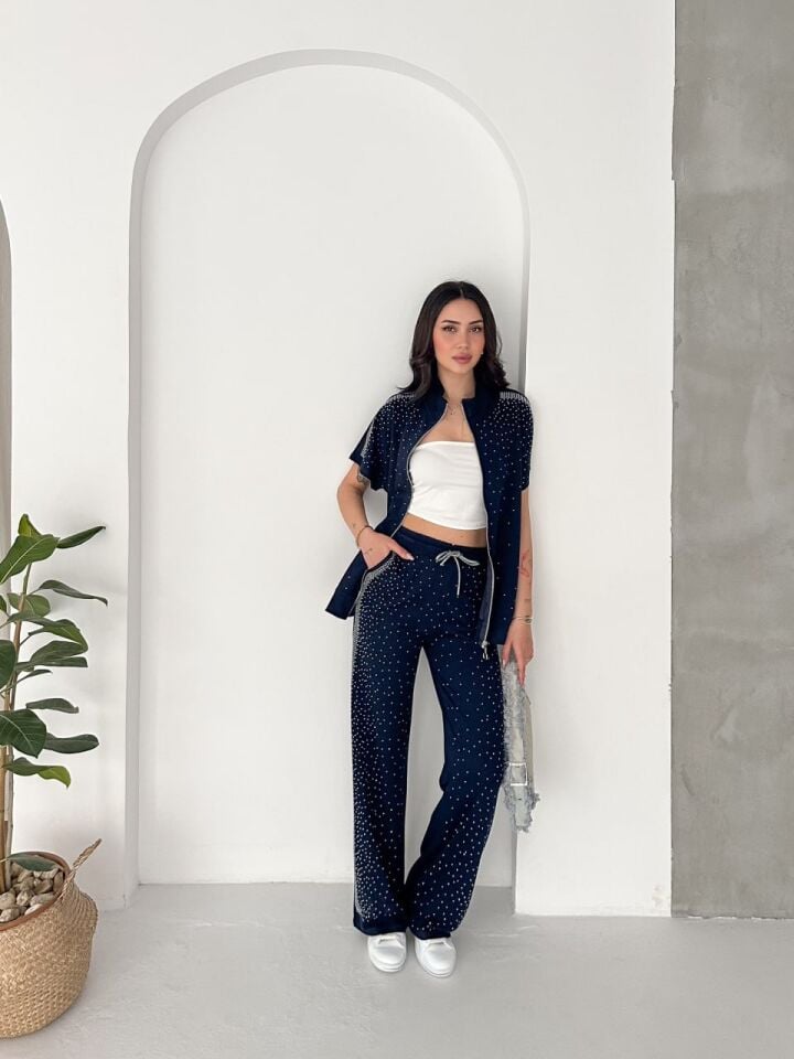 Kadın Komple Taş Detaylı Fermuarlı Yelek & Bol Paça Pantolon İkili Takım XL - LACİVERT
