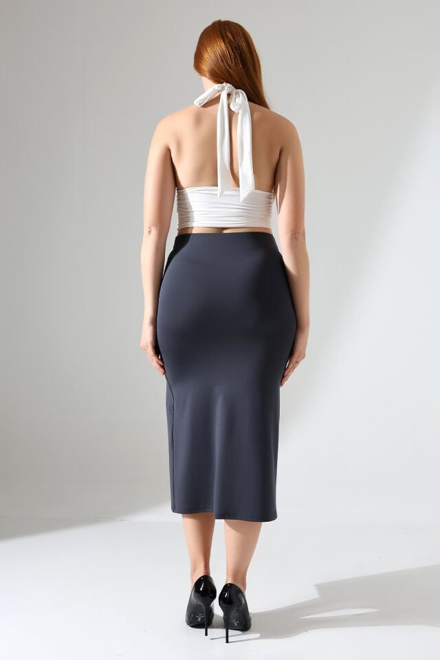 Kadın Önden Yırmaçlı Midi Boy Likralı Etek XL - ANTRESİT GRİ