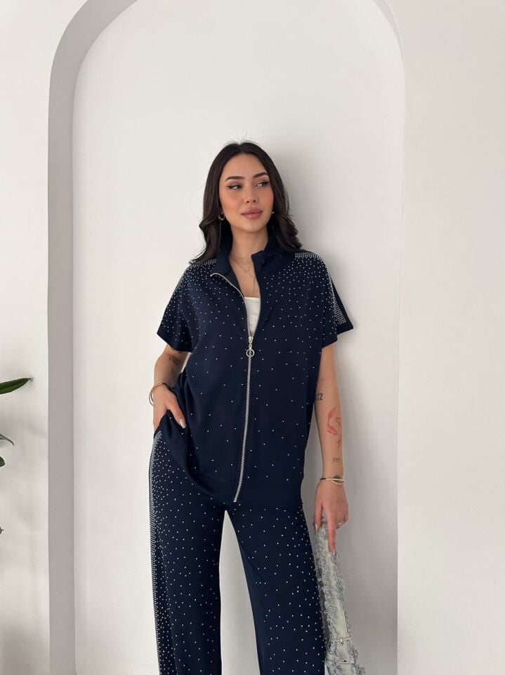 Kadın Komple Taş Detaylı Fermuarlı Yelek & Bol Paça Pantolon İkili Takım XL - LACİVERT