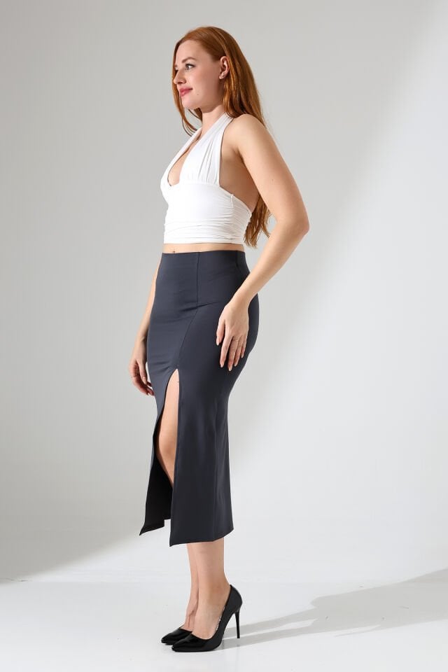 Kadın Önden Yırmaçlı Midi Boy Likralı Etek 2XL - ANTRESİT GRİ