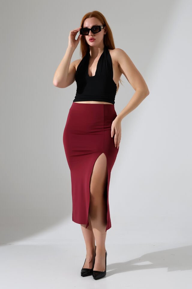 Kadın Önden Yırmaçlı Midi Boy Likralı Etek L - BORDO