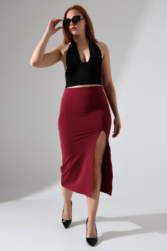 Kadın Önden Yırmaçlı Midi Boy Likralı Etek XL - BORDO