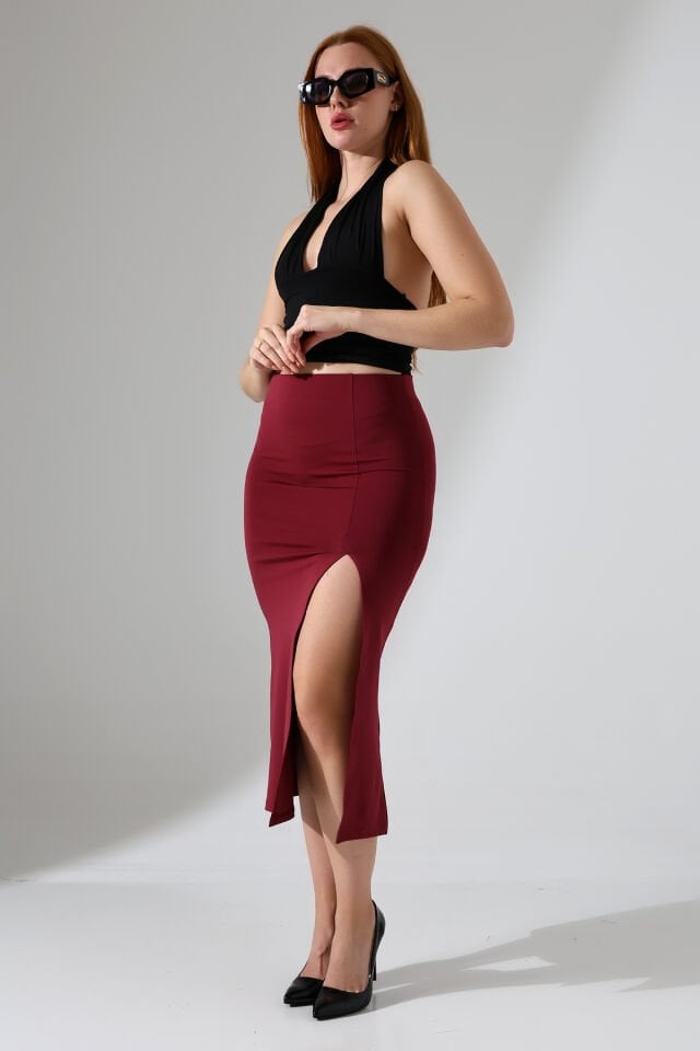 Kadın Önden Yırmaçlı Midi Boy Likralı Etek 2XL - BORDO