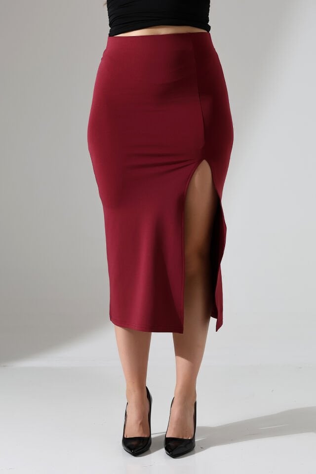 Kadın Önden Yırmaçlı Midi Boy Likralı Etek 2XL - BORDO