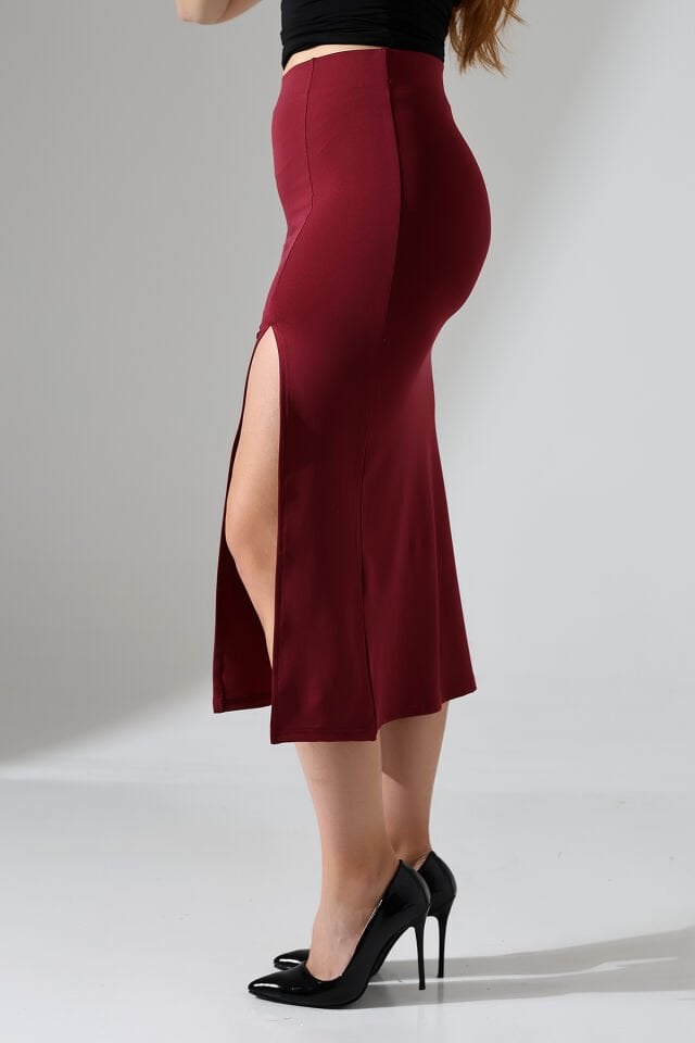 Kadın Önden Yırmaçlı Midi Boy Likralı Etek 2XL - BORDO