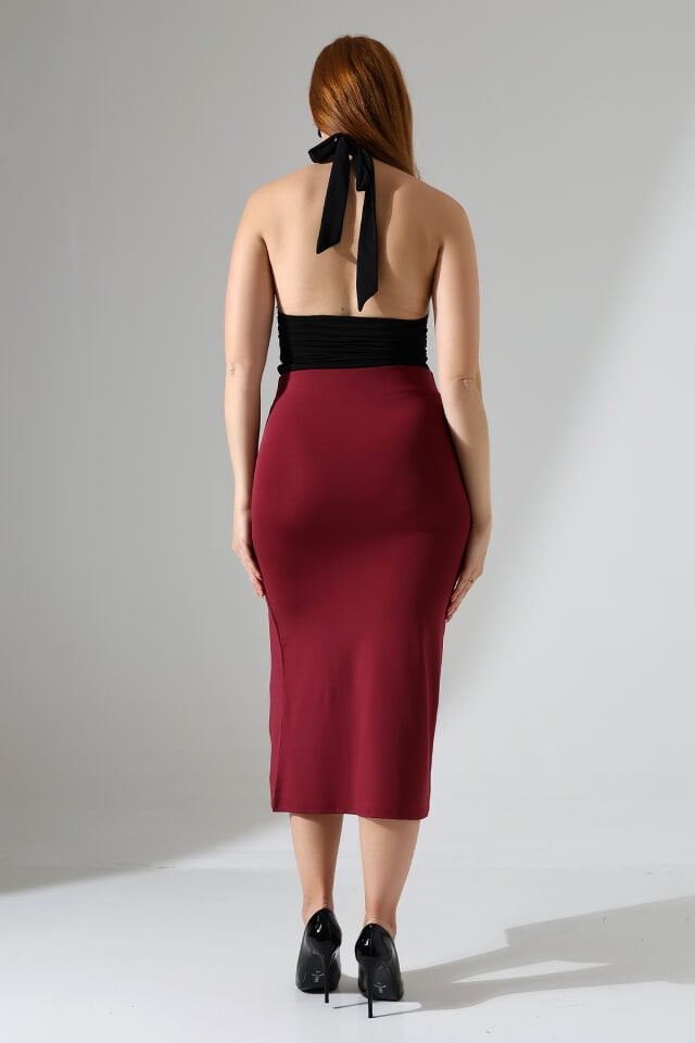 Kadın Önden Yırmaçlı Midi Boy Likralı Etek 2XL - BORDO