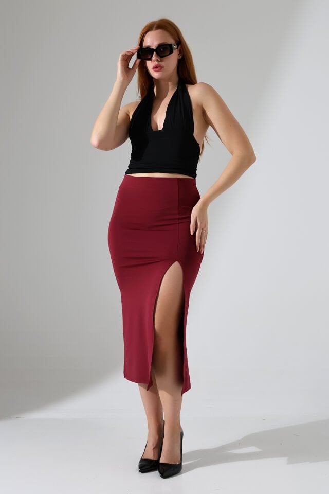 Kadın Önden Yırmaçlı Midi Boy Likralı Etek 2XL - BORDO