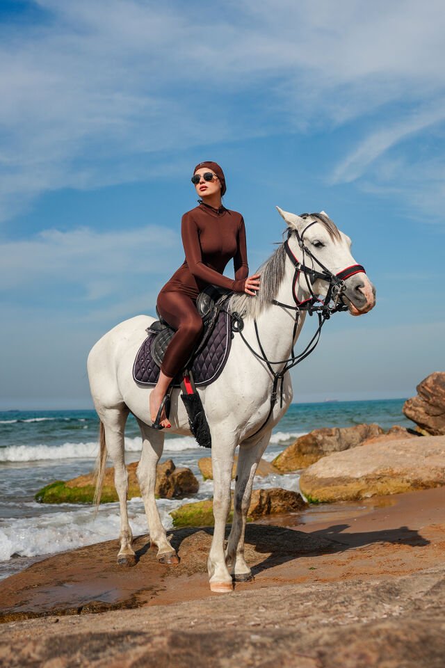 Boneli Uzun Mayo Tulum / Bonnet Hıjab Long Swımsuıt Overalls S - KAHVERENGİ