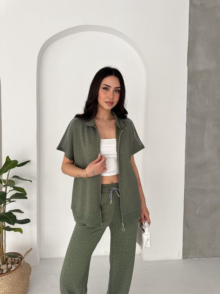 Kadın Komple Taş Detaylı Fermuarlı Yelek & Bol Paça Pantolon İkili Takım 2655 XL - HAKİ