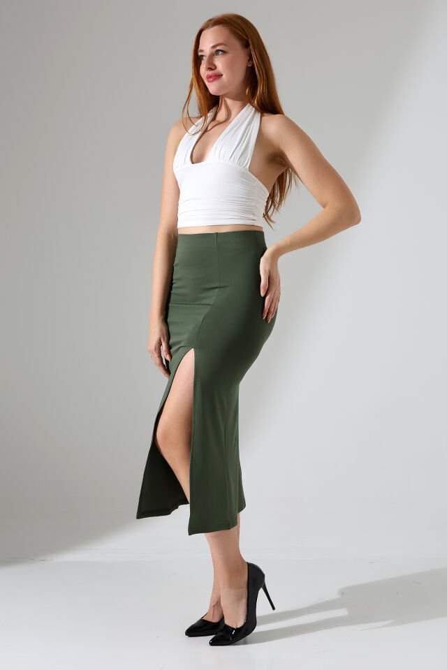 Kadın Önden Yırmaçlı Midi Boy Likralı Etek XL - HAKİ YEŞİL