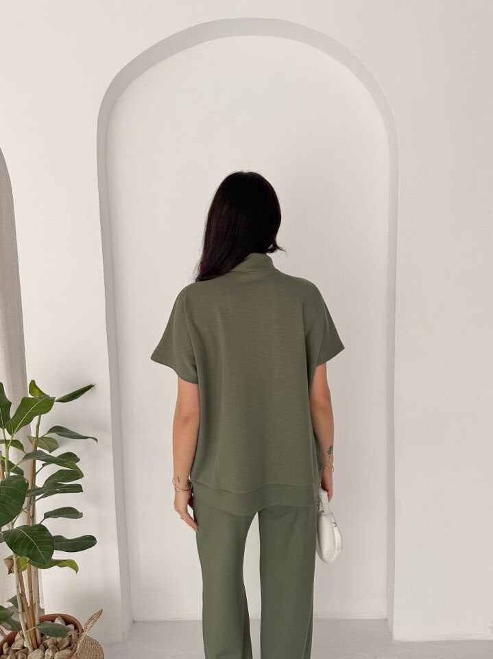 Kadın Komple Taş Detaylı Fermuarlı Yelek & Bol Paça Pantolon İkili Takım 2655 XL - HAKİ