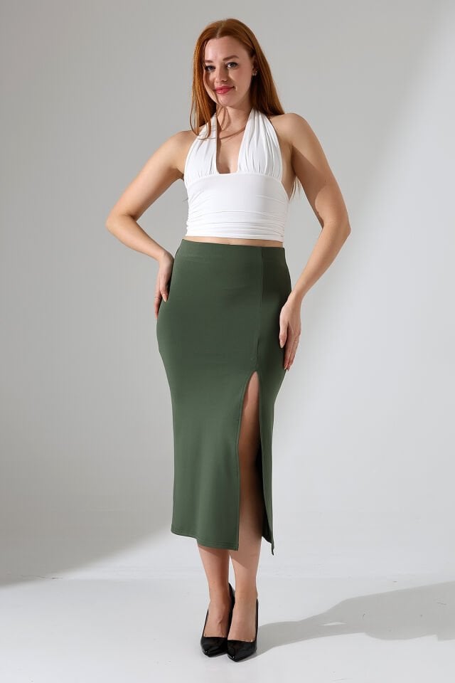 Kadın Önden Yırmaçlı Midi Boy Likralı Etek 2XL - HAKİ YEŞİL