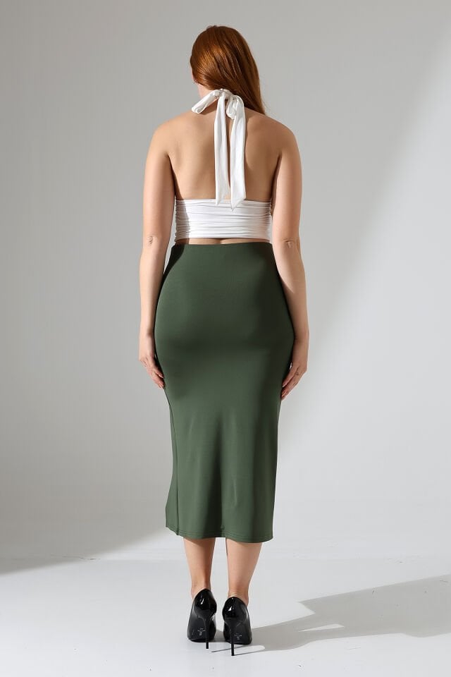 Kadın Önden Yırmaçlı Midi Boy Likralı Etek 2XL - HAKİ YEŞİL