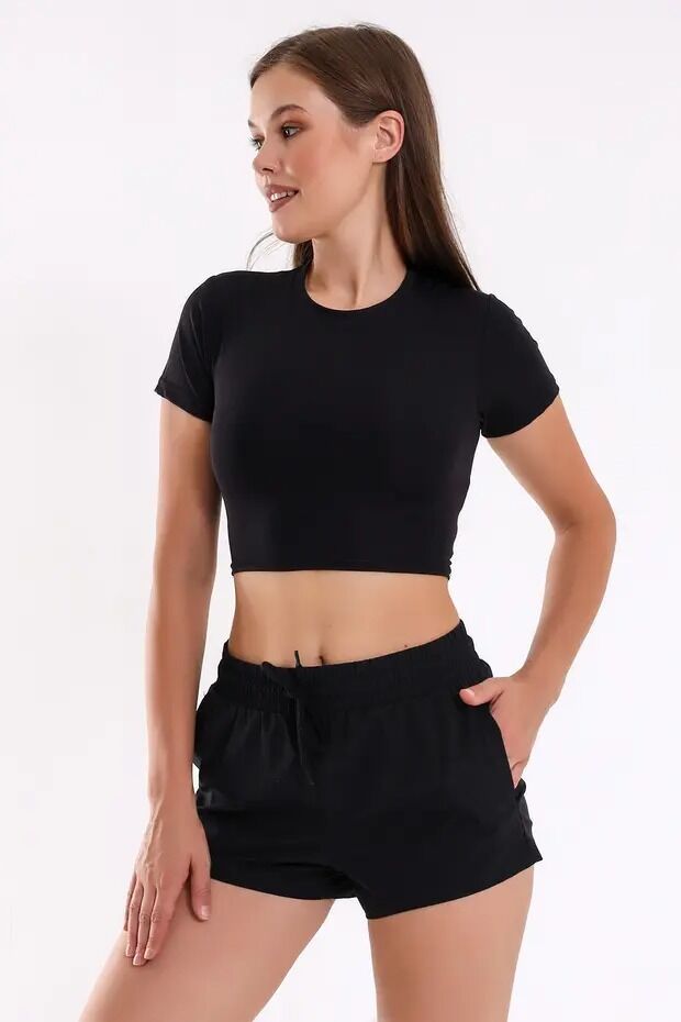 Kadın Basic Likralı Cebli Sporcu Şort WM XS - SİYAH