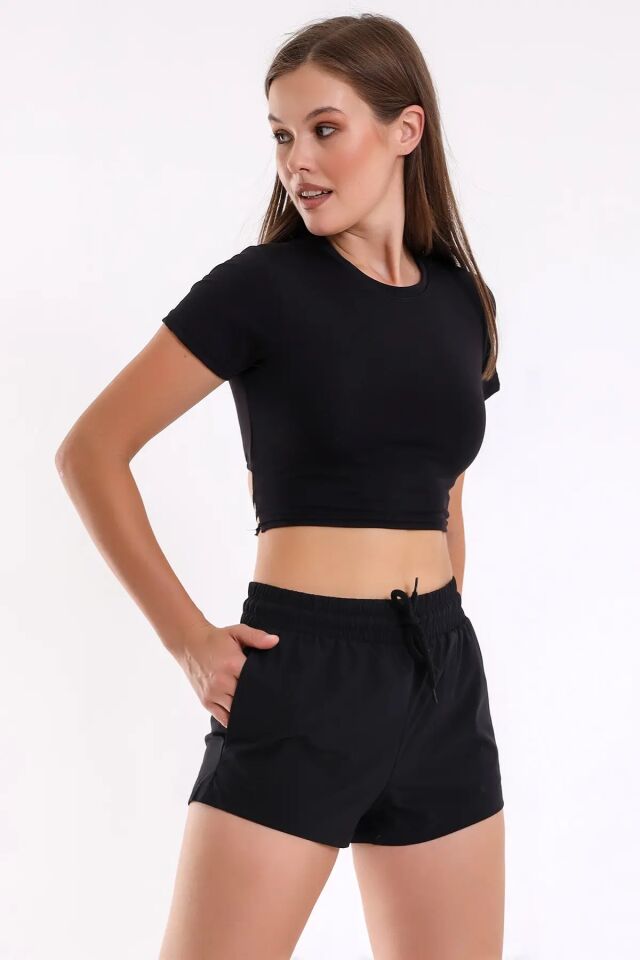 Kadın Basic Likralı Cebli Sporcu Şort WM XS - SİYAH