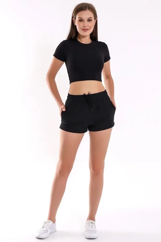 Kadın Basic Likralı Cebli Sporcu Şort WM M - SİYAH