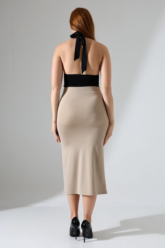 Kadın Önden Yırmaçlı Midi Boy Likralı Etek L - BEJ