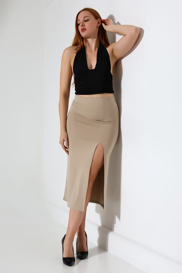 Kadın Önden Yırmaçlı Midi Boy Likralı Etek L - BEJ