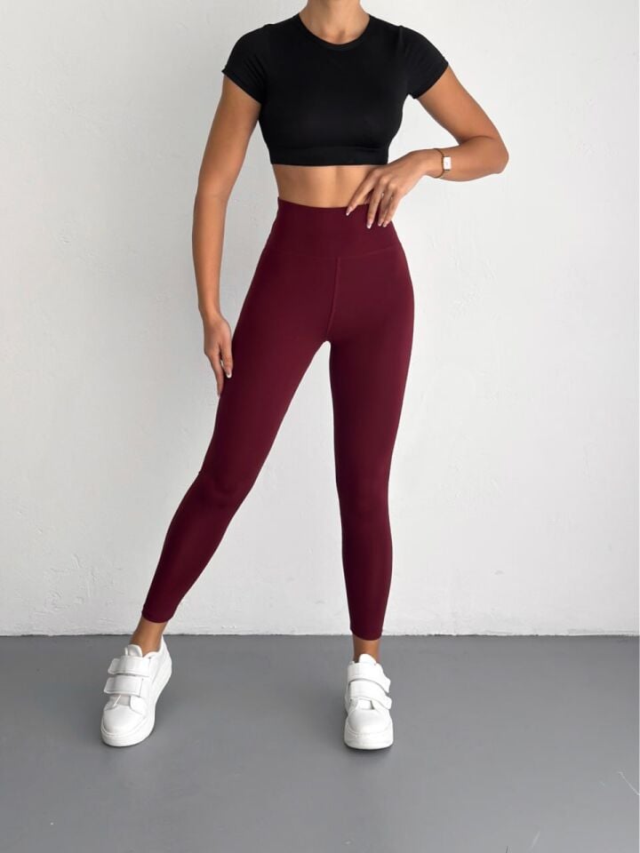 Kadın Bordo Rengi Dokulu Yüksek Bel Toparlayıcılı Tayt XL