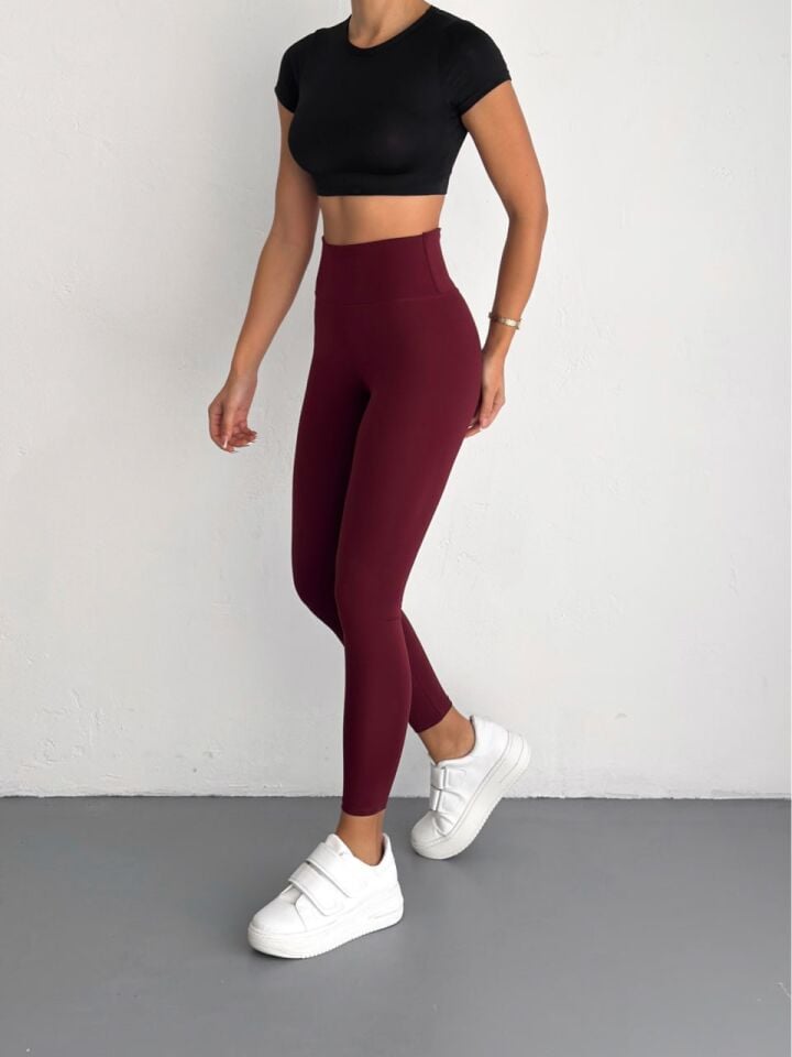 Kadın Bordo Rengi Dokulu Yüksek Bel Toparlayıcılı Tayt XL
