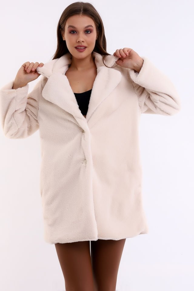 Kadın İçi Astarlı Peluş Ceket Kaban S - BEJ