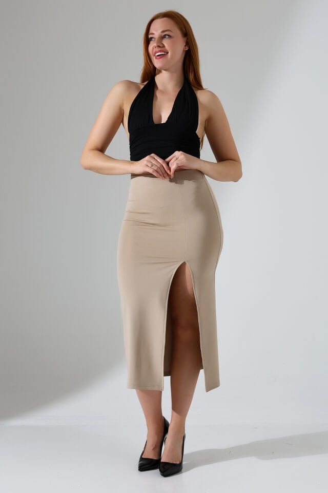 Kadın Önden Yırmaçlı Midi Boy Likralı Etek 2XL - BEJ