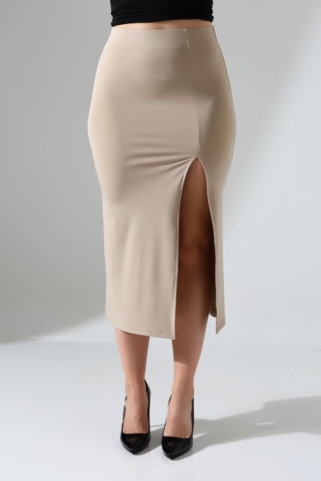 Kadın Önden Yırmaçlı Midi Boy Likralı Etek 2XL - BEJ