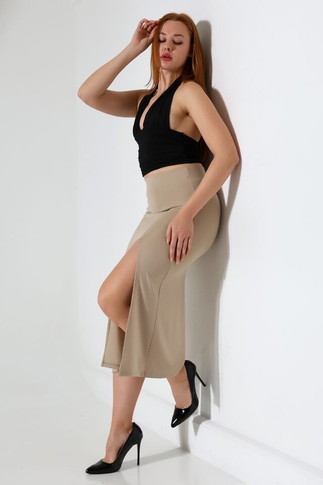 Kadın Önden Yırmaçlı Midi Boy Likralı Etek 2XL - BEJ