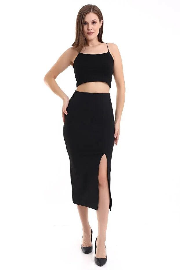 Kadın Önden Yırmaçlı Midi Boy Likralı Etek S - SİYAH