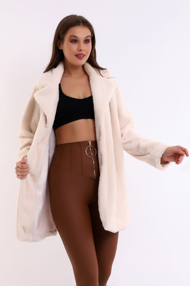 Kadın İçi Astarlı Peluş Ceket Kaban XL - BEJ