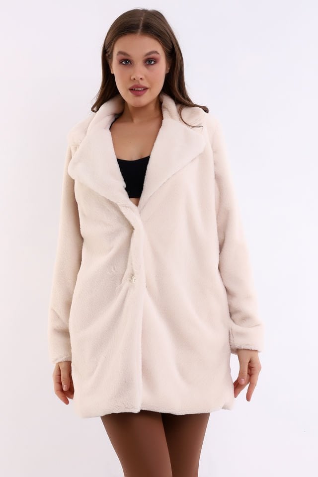 Kadın İçi Astarlı Peluş Ceket Kaban XL - BEJ