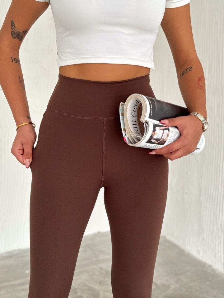 Kadın Kahverengi Renk Dokulu Yüksek Bel Toparlayıcılı Tayt 2297 XL