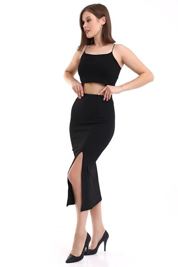 Kadın Önden Yırmaçlı Midi Boy Likralı Etek L - SİYAH