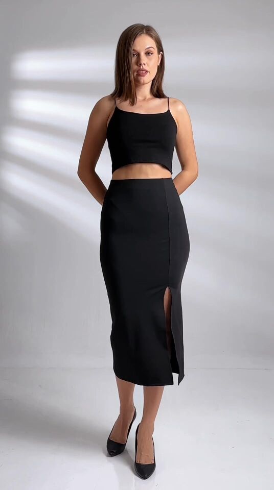 Kadın Önden Yırmaçlı Midi Boy Likralı Etek L - SİYAH